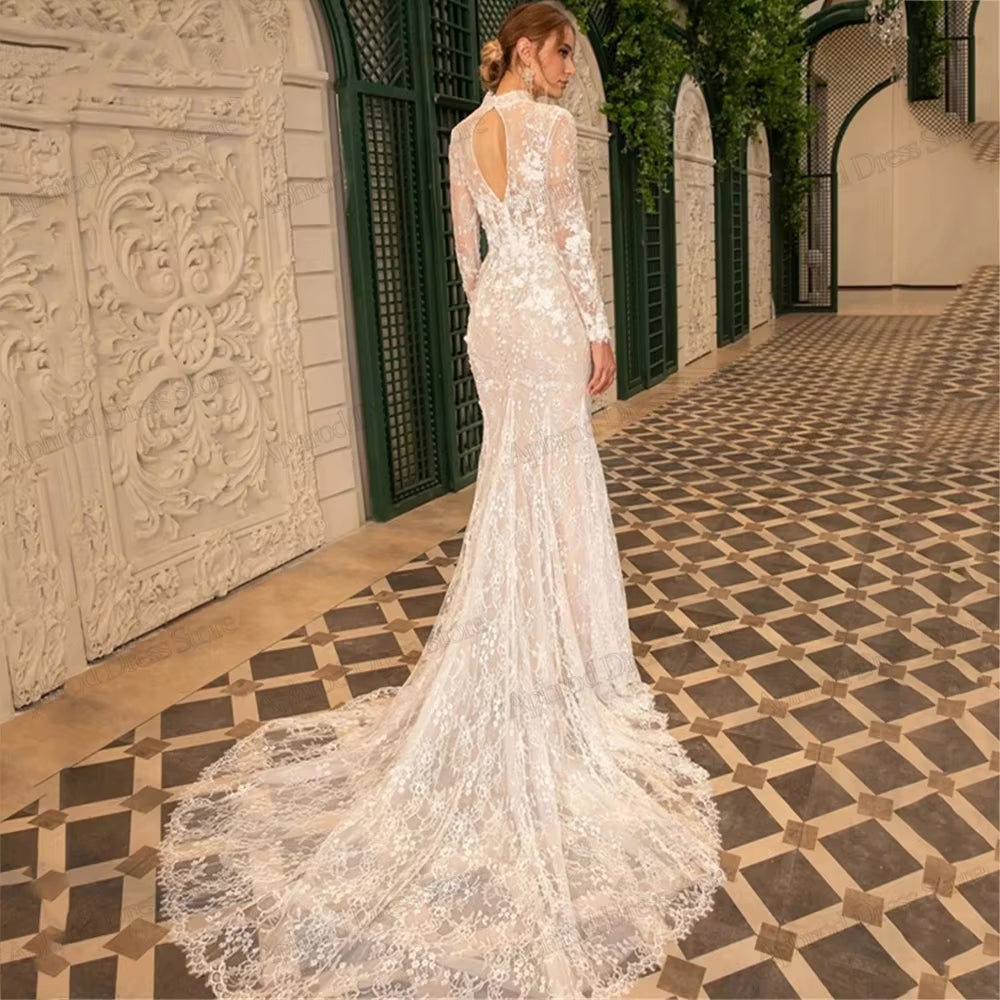 Exquisite Wedding Dresses for Women Mermaid Lace Appliques High Neck Bridal Dress Full Sleeves Vestidos De Novia Customized 2025