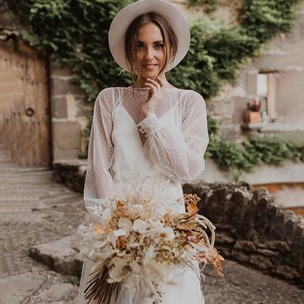 Rustic Bohemian Tulle Wedding Dress with Full Sleeves and Backless Design