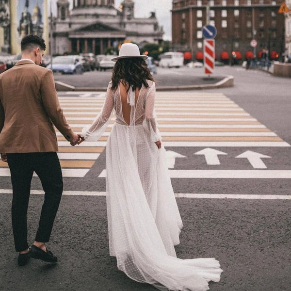 Rustic Bohemian Tulle Wedding Dress with Full Sleeves and Backless Design