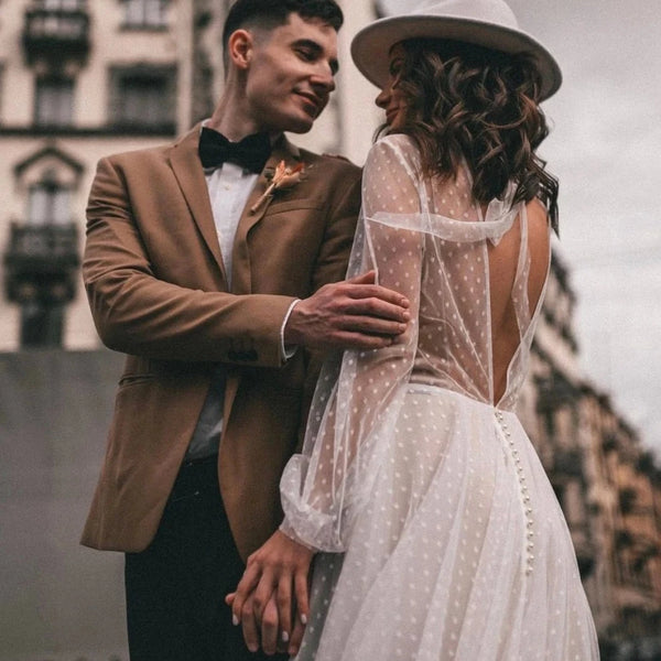 Rustic Bohemian Tulle Wedding Dress with Full Sleeves and Backless Design