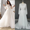 Elegant Rustic Chiffon Wedding Dress with Boat Neck and Long Sleeves