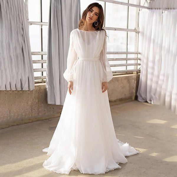 Elegant Rustic Chiffon Wedding Dress with Boat Neck and Long Sleeves