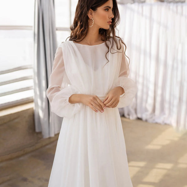 Elegant Rustic Chiffon Wedding Dress with Boat Neck and Long Sleeves