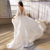 Elegant Rustic Chiffon Wedding Dress with Boat Neck and Long Sleeves