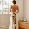 Ethereal Floral Print Chiffon Wedding Dress with Lace Appliques and Cap Sleeves