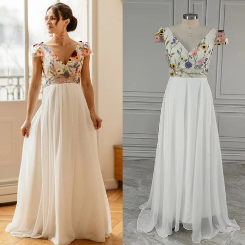 Ethereal Floral Print Chiffon Wedding Dress with Lace Appliques and Cap Sleeves