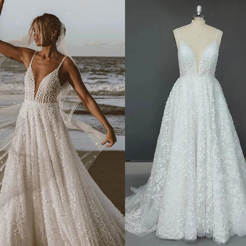 Classic Lace A-Line Wedding Dress with V-Neck and Backless Design