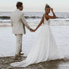 Classic Lace A-Line Wedding Dress with V-Neck and Backless Design