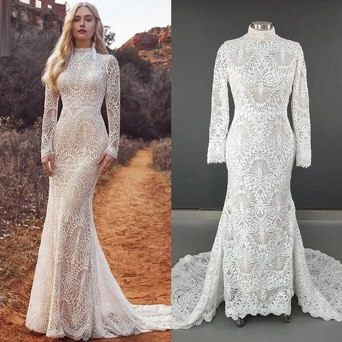 Elegant Illusion High Neck Mermaid Wedding Dress with Lace Appliques and Full Sleeves