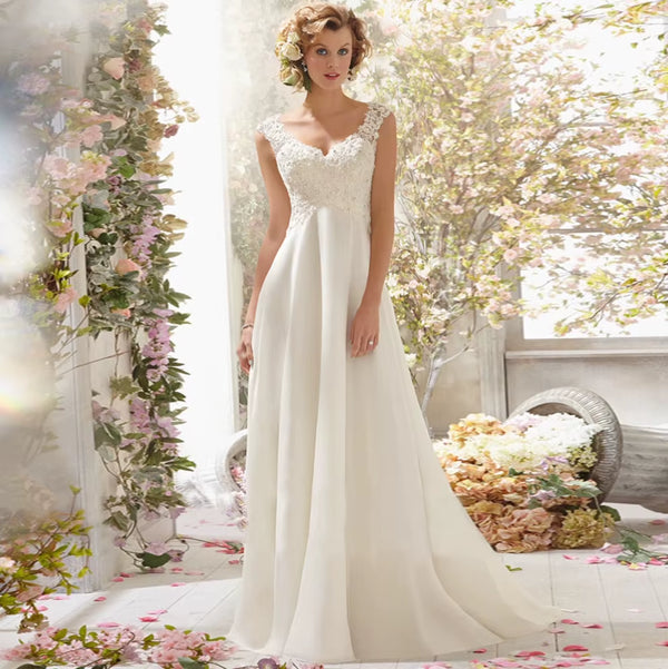 Elegant V-Neck Backless A-Line Wedding Gown with Court Train and Lace Details