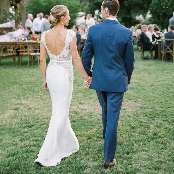 Elegant Boat Neck Backless Wedding Dress with Cap Sleeves | Lace Sheath Bridal Gown