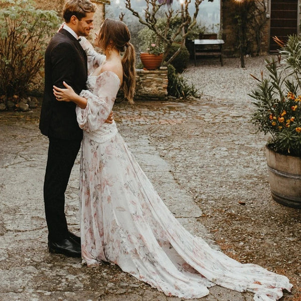 Floral Print Off-Shoulder Bohemian Bride Wedding Dress with Long Sleeves