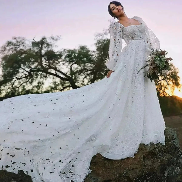 Chic Square Collar A-Line Tulle Wedding Dress with Backless Design and Lace Appliqués