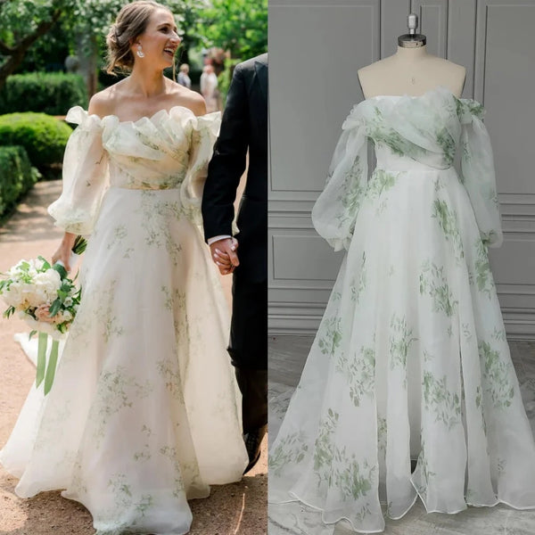 Modern Floral Print Organza Wedding Dress with Sweetheart Neckline and Off-the-Shoulder Sleeves