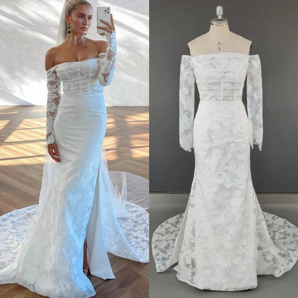 Classic Floral Lace Sheath Wedding Dress with Sweetheart Neckline and Off-the-Shoulder Sleeves