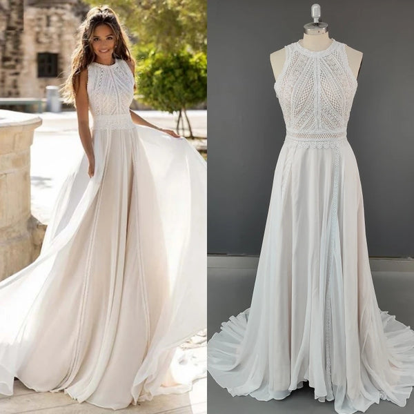 Bohemian Bliss Chiffon Wedding Dress | Sleeveless O-Neck Bridal Gown