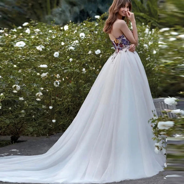 Romantic Pastoral Strapless Lace Wedding Dress with Floral Embroidery and Sweep Train