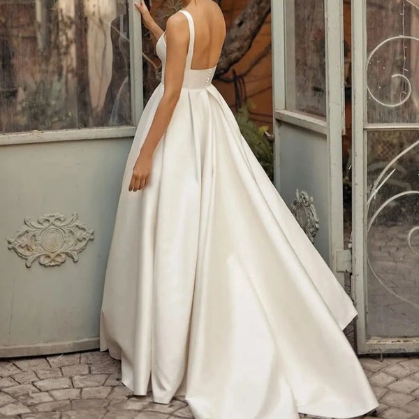 Boho Chic Satin A-Line Wedding Dress with Pockets and Sweep Train