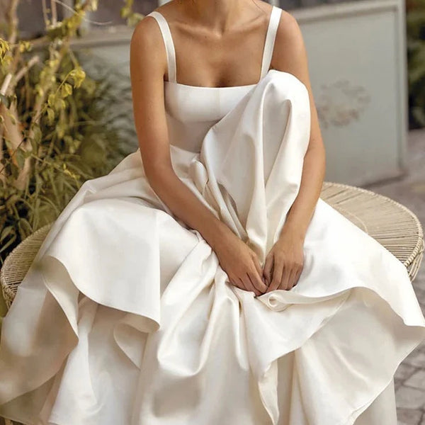 Boho Chic Satin A-Line Wedding Dress with Pockets and Sweep Train