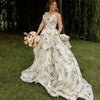 Pastoral Floral Print Chiffon A-Line Wedding Dress with V-Neck and Sleeveless Design