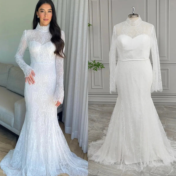 Simple Elegance Bespoke Wedding Dress with Illusion High Neck and Full Lace Sleeves