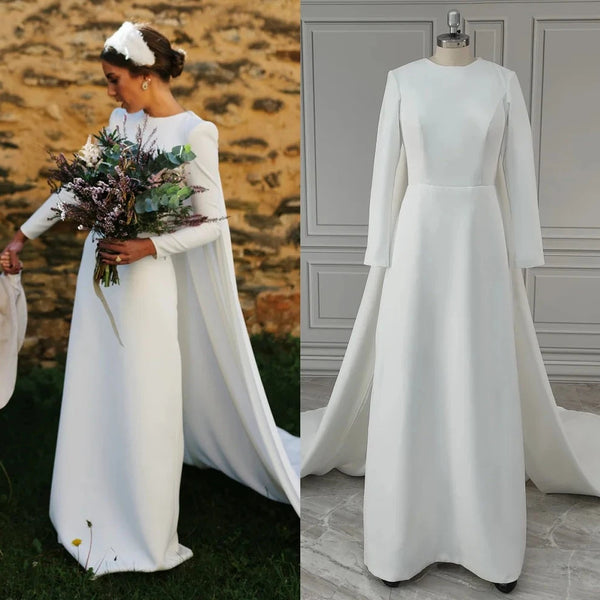 Modern Satin Sheath Wedding Dress with Full Sleeves and Detachable Cape