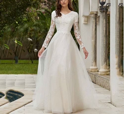 Elegant Lace Long Sleeve Wedding Dress with Sparkling A-Line Tulle and V-Neckline