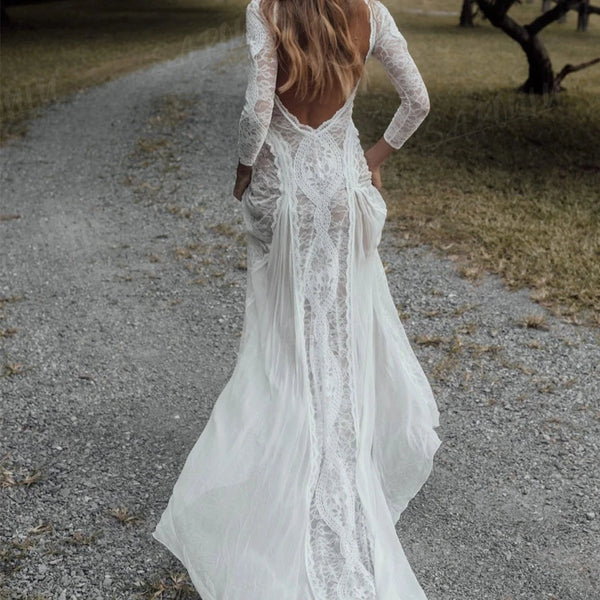 Bohemian Open Back Wedding Dress with Lace Overlay | Sheath Bridal Gown