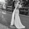 Vintage Boho Lace Mermaid Wedding Dress with V-Neck and Off-The-Shoulder Sleeves