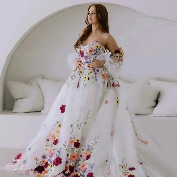 Boho Wedding Dress with Colorful Floral Embroidery, Sweetheart Neckline & Detachable Sleeves