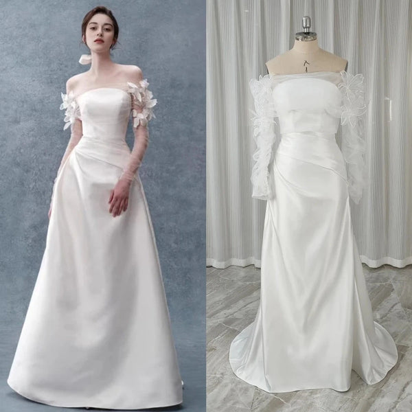 Elegant Strapless Satin Mermaid Wedding Dress with Off-the-Shoulder Sleeves and Lace-Up Back