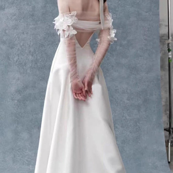 Elegant Strapless Satin Mermaid Wedding Dress with Off-the-Shoulder Sleeves and Lace-Up Back