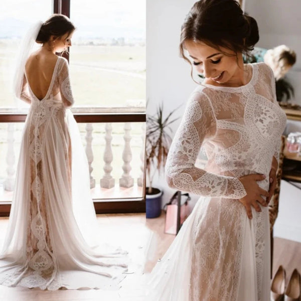 Bohemian Open Back Wedding Dress with Lace Overlay | Sheath Bridal Gown