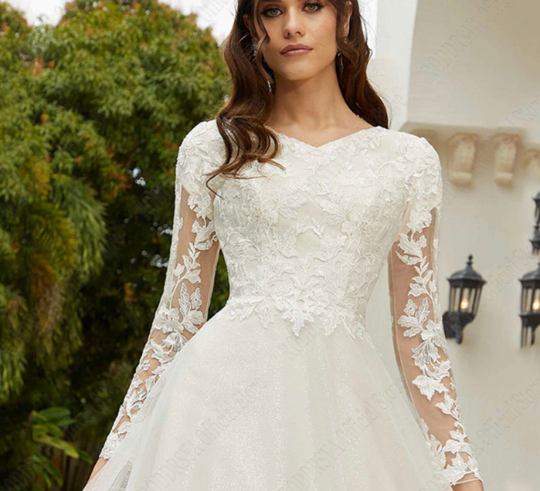 Elegant Lace Long Sleeve Wedding Dress with Sparkling A-Line Tulle and V-Neckline