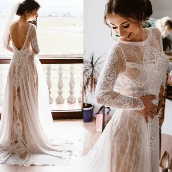 Bohemian Open Back Wedding Dress with Lace Overlay | Sheath Bridal Gown