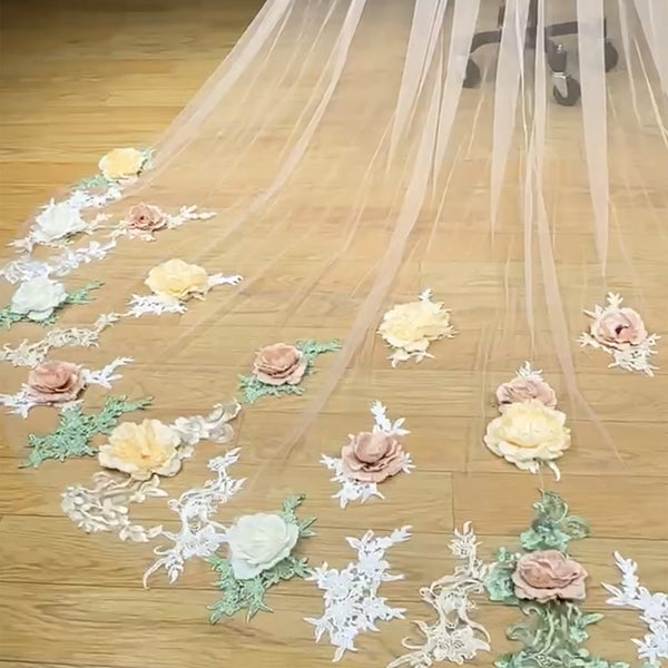 Enchanted Blossom Fairytale Couture Bridal Veil with Lace Appliques and 3D Roses