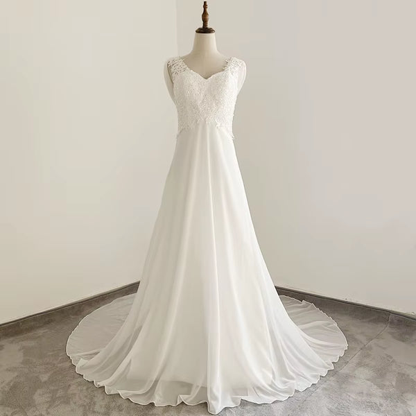 Elegant V-Neck Backless A-Line Wedding Gown with Court Train and Lace Details