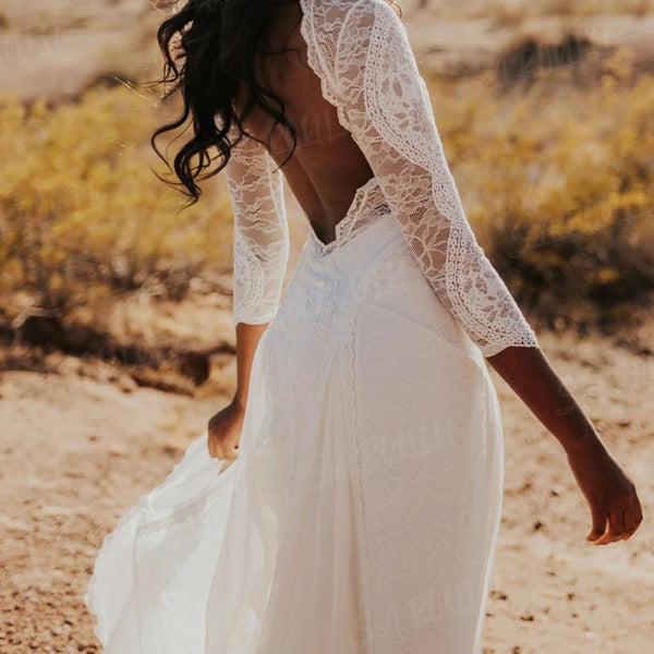 Bohemian Open Back Wedding Dress with Lace Overlay | Sheath Bridal Gown