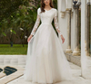 Elegant Lace Long Sleeve Wedding Dress with Sparkling A-Line Tulle and V-Neckline