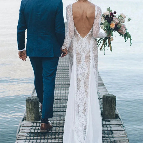 Bohemian Open Back Wedding Dress with Lace Overlay | Sheath Bridal Gown