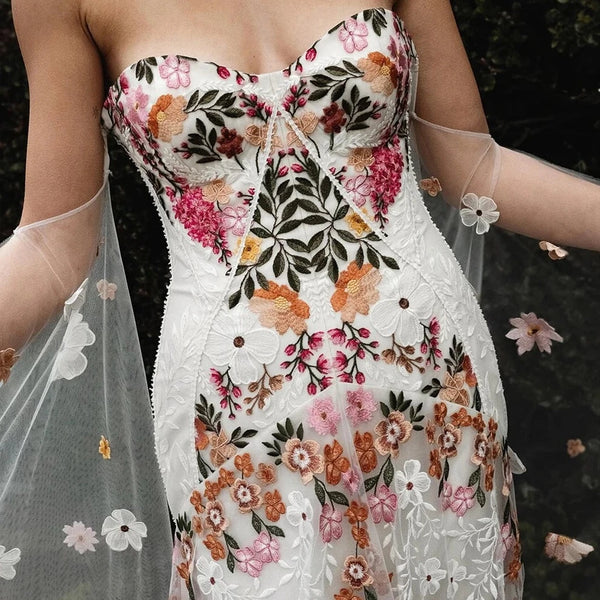 Floral Embroidery Wedding Dress | Boho A-Line Lace Bridal Gown