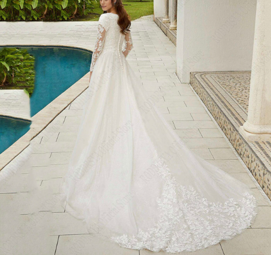 Elegant Lace Long Sleeve Wedding Dress with Sparkling A-Line Tulle and V-Neckline