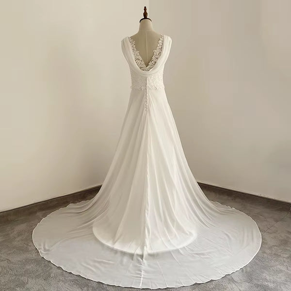 Elegant V-Neck Backless A-Line Wedding Gown with Court Train and Lace Details