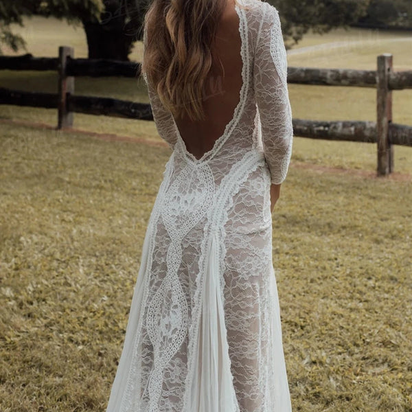 Bohemian Open Back Wedding Dress with Lace Overlay | Sheath Bridal Gown