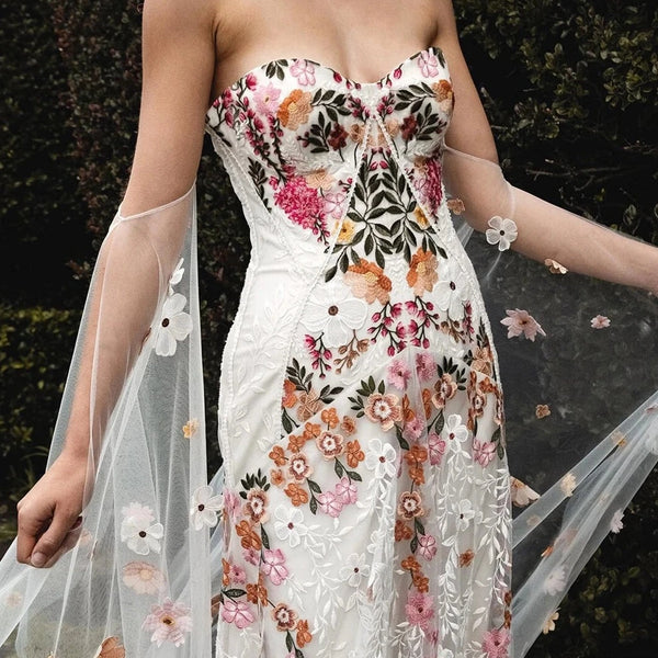 Floral Embroidery Wedding Dress | Boho A-Line Lace Bridal Gown