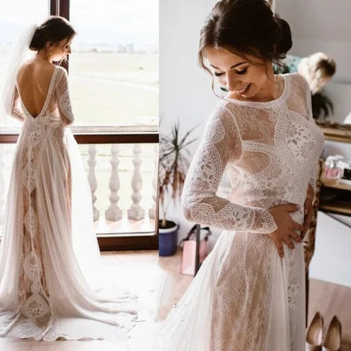 Bohemian Open Back Wedding Dress with Lace Overlay | Sheath Bridal Gown