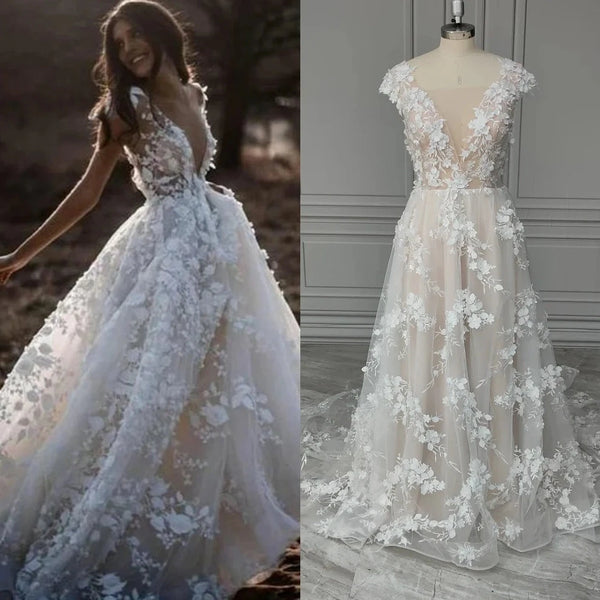 Boho Chic 3D Flowers Lace A-line Wedding Dress with Cap Sleeves | Backless Bridal Gown