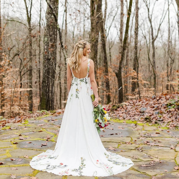 Enchanted Wildflower A-Line Wedding Dress | Plunging V-Neck Unique Embroidered Bridal Gown