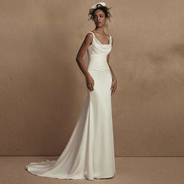 Minimalist White Satin Wedding Dress – Simple Square Neck Sleeveless Sheath Engagement or Formal Gown