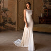 Simple Ivory Satin Scoop Neck Backless Mermaid Wedding Dress – Elegant Floor-Length Bridal Gown with Sweep Train